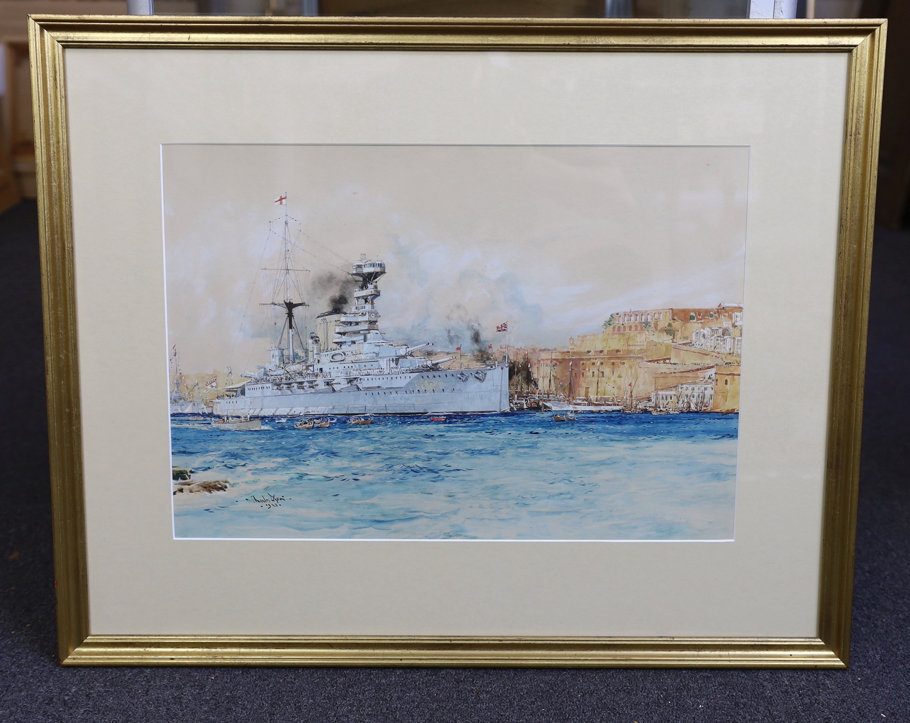 Charles Dixon, R.I. (English, 1872-1934), HMS Elizabeth in Valetta harbour, watercolour, 36.5 x 52.5cm